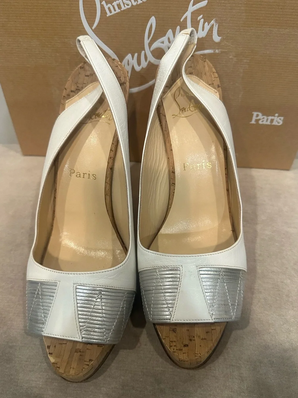 Christian Louboutin White and Silver Peep-Toe Slingback Heel